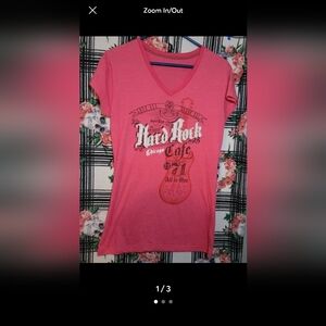 Preloved Rock Cafe Chicago V Neck T Shirt Womens Juniors Large Pink